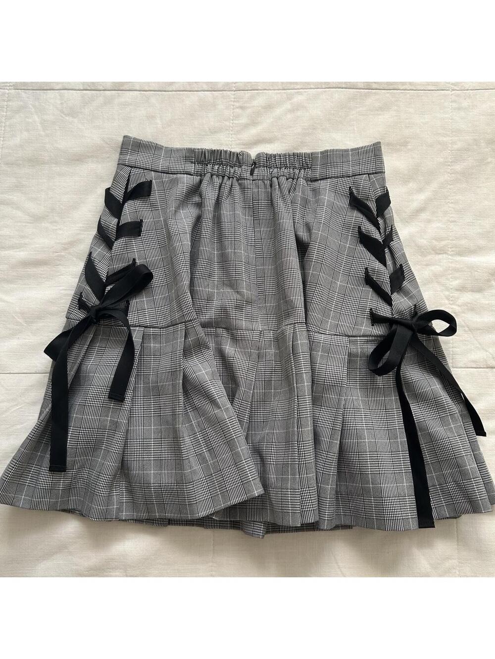 Ank Rouge Gray Plaid Ribbon Lace Up Pleated Mini Skirt Jirai Kei Size S
